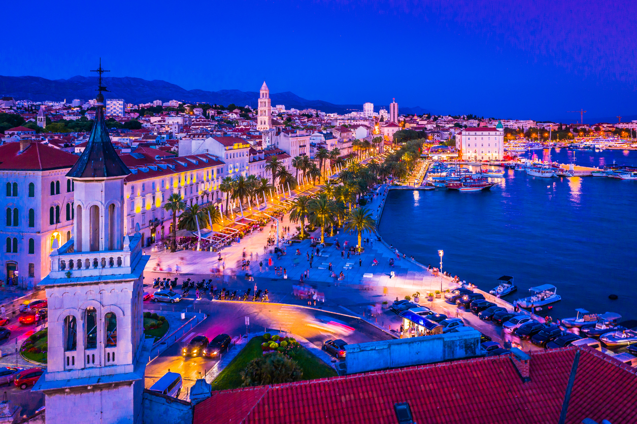 Nighttime View of the Illuminated Riva Promenade in Split, Croatia