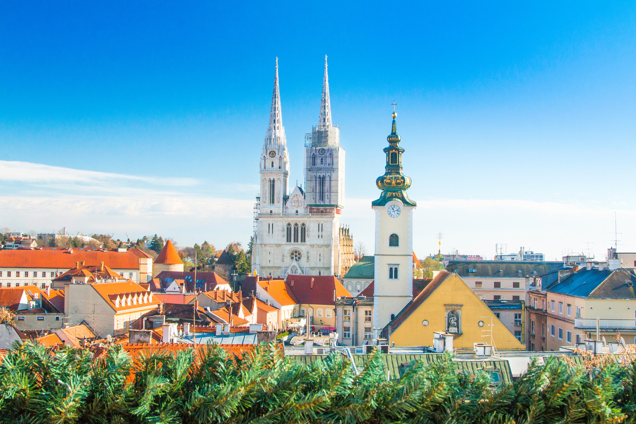 Croatian capital Zagreb, city skyline with decoration